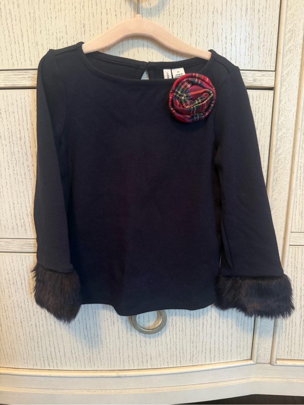 Janie and Jack Navy Long-Sleeve Top with Plaid Rosette and Faux Fur Cuffs
